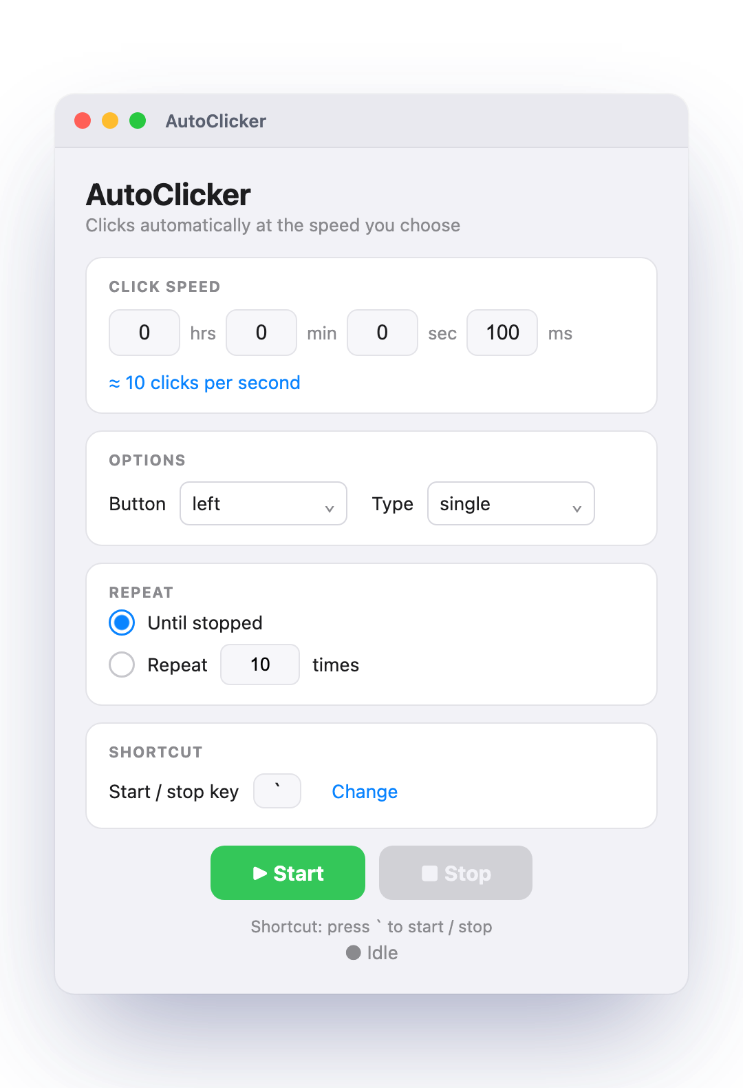 The AutoClicker control window on macOS, showing click-speed fields, mouse-button options, and a Start button